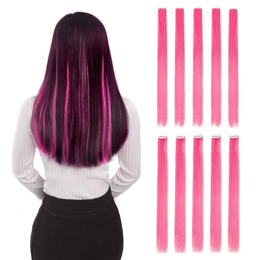 Colored Clip in Hair Extensions 20 10pcs Straight Fashion Hairpieces for Party Highlights Pink