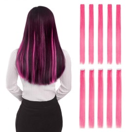Colored Clip in Hair Extensions 20 10pcs Straight Fashion Hairpieces for Party Highlights Pink