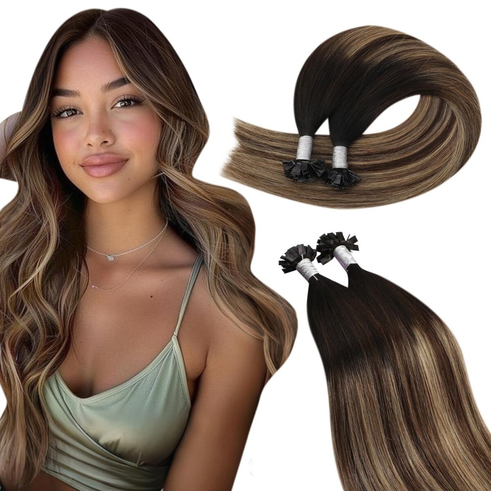 Ugeat Balayage Ktip Human Hair Extensions Medium Brown Flat Tip Hair Extensions Human Blonde Mix Natural Black Balayage Color to Add Length and Volume By Hot Fusion 16 Inch 50g 50s