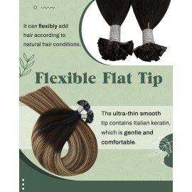 Ugeat Balayage Ktip Human Hair Extensions Medium Brown Flat Tip Hair Extensions Human Blonde Mix Natural Black Balayage Color to Add Length and Volume By Hot Fusion 16 Inch 50g 50s