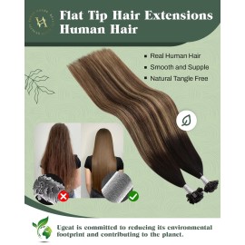 Ugeat Balayage Ktip Human Hair Extensions Medium Brown Flat Tip Hair Extensions Human Blonde Mix Natural Black Balayage Color to Add Length and Volume By Hot Fusion 16 Inch 50g 50s