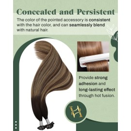 Ugeat Balayage Ktip Human Hair Extensions Medium Brown Flat Tip Hair Extensions Human Blonde Mix Natural Black Balayage Color to Add Length and Volume By Hot Fusion 16 Inch 50g 50s