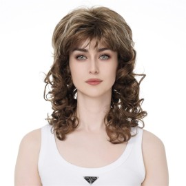 Aimole Women\'s Natural Long Curly Wig Synthetic Hair Full Wigs(12TT26-Brown Highlighted)