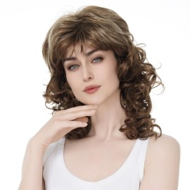 Aimole Women\'s Natural Long Curly Wig Synthetic Hair Full Wigs(12TT26-Brown Highlighted)