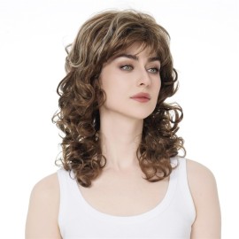 Aimole Women\'s Natural Long Curly Wig Synthetic Hair Full Wigs(12TT26-Brown Highlighted)