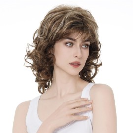 Aimole Women\'s Natural Long Curly Wig Synthetic Hair Full Wigs(12TT26-Brown Highlighted)