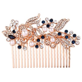 EVER FAITH Wedding Side Comb Rhinestones Crystal Vintage Flower Bridal Hair Clips Accessories for Bride Bridesmaids Blue Rose Gold-Tone