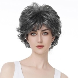Aimole Short Curly Synthetic Wigs Full Capless Hair Women\'s Thick Wig for Everyday Grey Hair Wigs