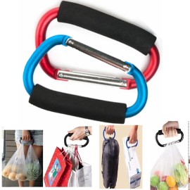2X Carabiner Hook - 5.4 Large Aluminum D-Style Carry Handle with Sponge for Shopping Bags Handbag Tote Stroller Carrying