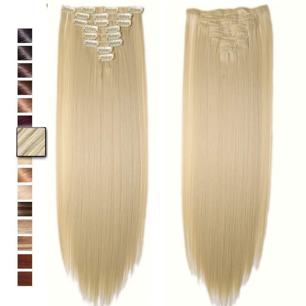 S-noilite [PROMO 26 Long Straight Bleach Blonde Full Head Clip in Hair Extension 8 Pcs 18 Clips Real Thick Heat Resistance Synthetic Hairpiece for Women Girls (Bleach Blonde)