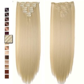 S-noilite [PROMO 26 Long Straight Bleach Blonde Full Head Clip in Hair Extension 8 Pcs 18 Clips Real Thick Heat Resistance Synthetic Hairpiece for Women Girls (Bleach Blonde)