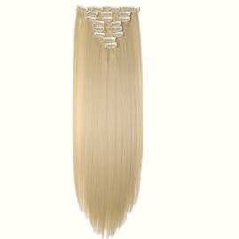 S-noilite [PROMO 26 Long Straight Bleach Blonde Full Head Clip in Hair Extension 8 Pcs 18 Clips Real Thick Heat Resistance Synthetic Hairpiece for Women Girls (Bleach Blonde)