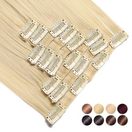 S-noilite [PROMO 26 Long Straight Bleach Blonde Full Head Clip in Hair Extension 8 Pcs 18 Clips Real Thick Heat Resistance Synthetic Hairpiece for Women Girls (Bleach Blonde)