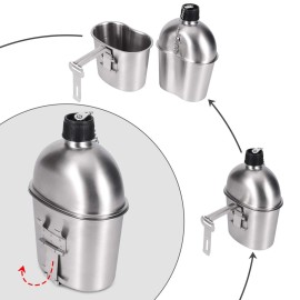 Goetland Stainless Steel WWII US Army Canteen Water Bottle Military Canteen Kit 1QT with 0.5QT Cup Nylon Pouch G.I.