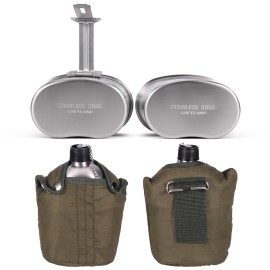 Goetland Stainless Steel WWII US Army Canteen Water Bottle Military Canteen Kit 1QT with 0.5QT Cup Nylon Pouch G.I.