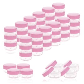 ZEJIA 5 Gram Sample Containers with Lids, Mini Makeup Containers, Empty Plastic Travel Cosmetic Containers with Labels(50 Count, Pink Lid)