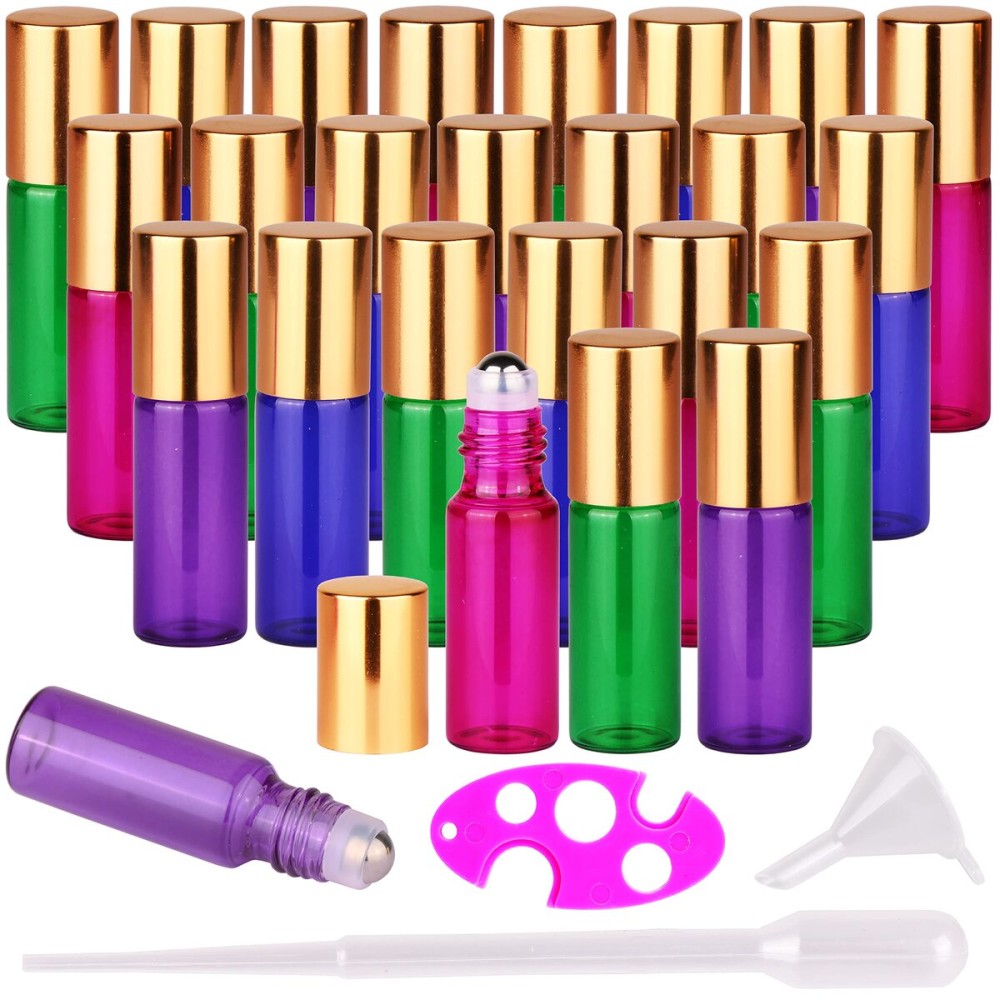 MaxMau 24 Pack Essential Oils Roller Bottles,5ml Colourful Roll On Bottles Steel Roller Balls Metal Cap for Aromatherapy Perfume