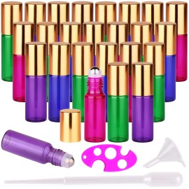 MaxMau 24 Pack Essential Oils Roller Bottles,5ml Colourful Roll On Bottles Steel Roller Balls Metal Cap for Aromatherapy Perfume