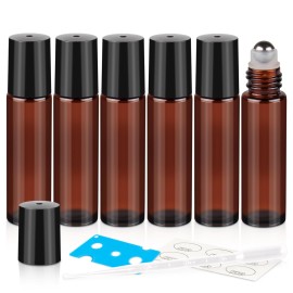 ZEJIA 10ml Roller Bottles for Essential Oils, 6 Pack Glass Roll on Bottles, Refillable Perfume Bottle, with Stainless Steel Roller Balls, 2 Droppers, 1 Opener, Labels(Amber)