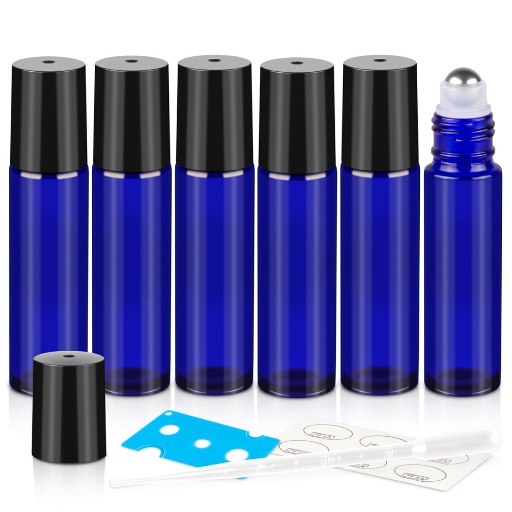 ZEJIA 10ml roller bottles for essential oils, 6 Pack Roll on Bottles, Cobalt Blue Thick Glass Roller Bottles for Oils, with Stainless Steel Roller Balls, 2 Droppers