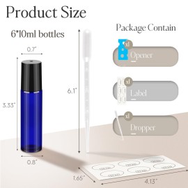 ZEJIA 10ml roller bottles for essential oils, 6 Pack Roll on Bottles, Cobalt Blue Thick Glass Roller Bottles for Oils, with Stainless Steel Roller Balls, 2 Droppers