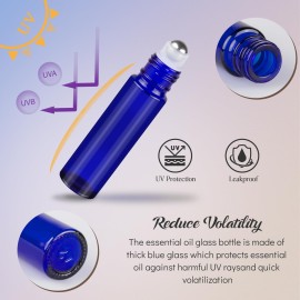 ZEJIA 10ml roller bottles for essential oils, 6 Pack Roll on Bottles, Cobalt Blue Thick Glass Roller Bottles for Oils, with Stainless Steel Roller Balls, 2 Droppers