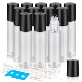 ZEJIA 10ml roller bottles for essential oils, 12 Pack Clear Roll on Bottles, Thick Glass Roller Bottles for Oils, with Stainless Steel Roller Balls, 2 Droppers