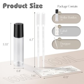 ZEJIA 10ml roller bottles for essential oils, 12 Pack Clear Roll on Bottles, Thick Glass Roller Bottles for Oils, with Stainless Steel Roller Balls, 2 Droppers
