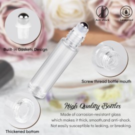 ZEJIA 10ml roller bottles for essential oils, 12 Pack Clear Roll on Bottles, Thick Glass Roller Bottles for Oils, with Stainless Steel Roller Balls, 2 Droppers