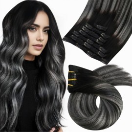 Moresoo Clip in Hair Extensions Remy Double Weft Human Hair Clip in Extensions Balayage Straight Hair Extensions for Women Ombre Black with Silver Grey 16inch 7pcs 120g