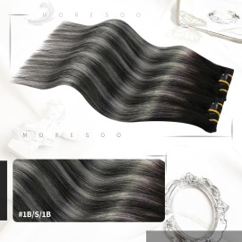 Moresoo Clip in Hair Extensions Remy Double Weft Human Hair Clip in Extensions Balayage Straight Hair Extensions for Women Ombre Black with Silver Grey 16inch 7pcs 120g
