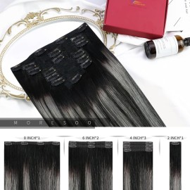 Moresoo Clip in Hair Extensions Remy Double Weft Human Hair Clip in Extensions Balayage Straight Hair Extensions for Women Ombre Black with Silver Grey 16inch 7pcs 120g
