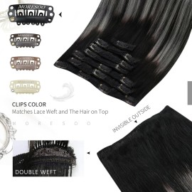 Moresoo Clip in Hair Extensions Remy Double Weft Human Hair Clip in Extensions Balayage Straight Hair Extensions for Women Ombre Black with Silver Grey 16inch 7pcs 120g
