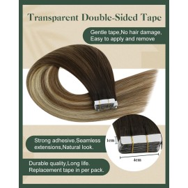 Ugeat 20 Inch Human Hair Tape in Extensions Dark Brown Mix Medium Brown with Light Blonde Balayage Tape in Hair Extensions Ombre Natural Looking 20Pcs 50G