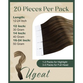 Ugeat 20 Inch Human Hair Tape in Extensions Dark Brown Mix Medium Brown with Light Blonde Balayage Tape in Hair Extensions Ombre Natural Looking 20Pcs 50G