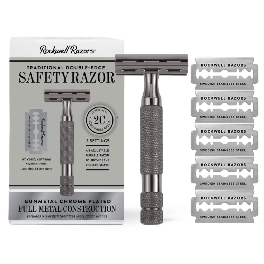 ROCKWELL RAZORS 2C Gunmetal Chrome Double Edge Safety Razor With Adjustable Shave Settings and 5 Fully Recyclable Razor Blades. Reusable Safety Razors for Men and Women
