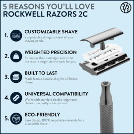 ROCKWELL RAZORS 2C Gunmetal Chrome Double Edge Safety Razor With Adjustable Shave Settings and 5 Fully Recyclable Razor Blades. Reusable Safety Razors for Men and Women