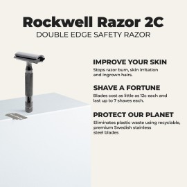 ROCKWELL RAZORS 2C Gunmetal Chrome Double Edge Safety Razor With Adjustable Shave Settings and 5 Fully Recyclable Razor Blades. Reusable Safety Razors for Men and Women