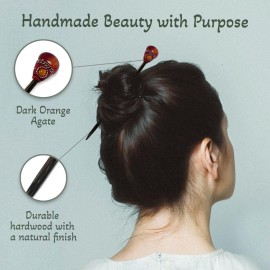 Mia Jewel Shop - Natural Tumbled Healing Gemstone Crystal Chonta Wooden Hair Sticks - Handmade Hair Sticks for Women | Hair Pins Boho Reiki Accessories, Fashion Gifts (Dark Orange Agate)