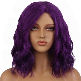 BERON Purple Wigs for Women Girls Short Curly Wavy Bob Wig Dark Purple Color Side Part Heat Resistant Synthetic Wigs for Cosplay or Daily Use with Wig Cap