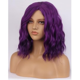 BERON Purple Wigs for Women Girls Short Curly Wavy Bob Wig Dark Purple Color Side Part Heat Resistant Synthetic Wigs for Cosplay or Daily Use with Wig Cap