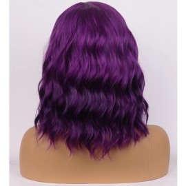 BERON Purple Wigs for Women Girls Short Curly Wavy Bob Wig Dark Purple Color Side Part Heat Resistant Synthetic Wigs for Cosplay or Daily Use with Wig Cap