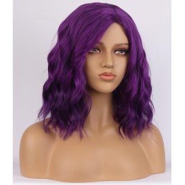 BERON Purple Wigs for Women Girls Short Curly Wavy Bob Wig Dark Purple Color Side Part Heat Resistant Synthetic Wigs for Cosplay or Daily Use with Wig Cap