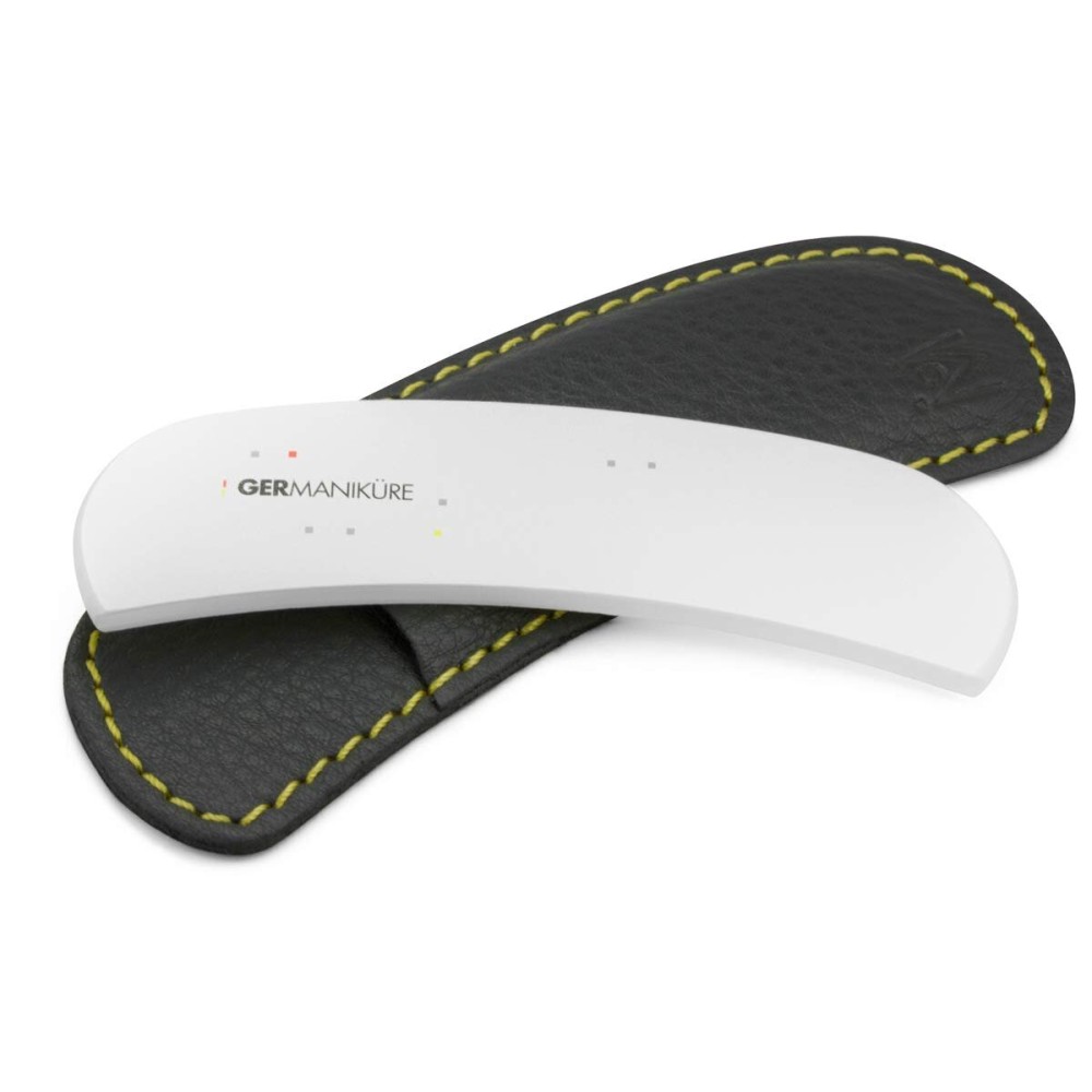 GERMANIKURE Clear Glass Moon File in Leather Case, Ethically Made in Czech Republic, Easy Guided Fingernail Filing