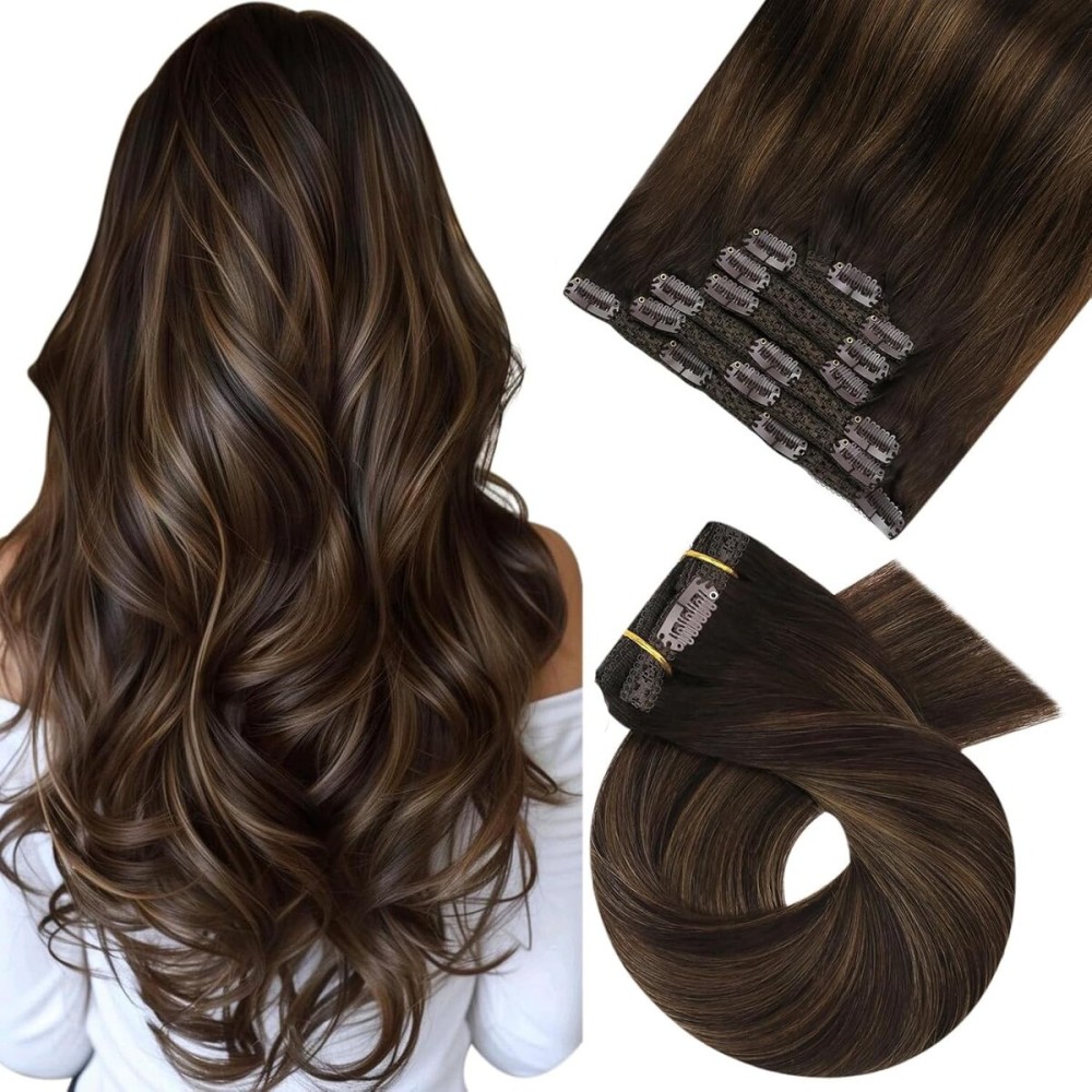 Moresoo Clip in Hair Extensions Real Human Hair Brown Balayage Clip in Extensions Human Hair Darkest Brown to Chestnut Brown Hair Extensions Clip in Human Hair Full Head 20Inch 7pcs 120g Moresoo Clip in Hair Extensions Real Human Hair Brown Balayage Clip in Extensions Human Hair Darkest Brown to Chestnut Brown Hair Extensions Clip in Human Hair Full Head 20Inch 7pcs 120g