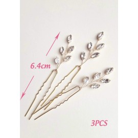 Kercisbeauty 3PCS Handmade Simple Crystal Leaf Leaves Hair Pins for Wedding Bridal Bridesmaids Flower Girls,Dancing Prom Party,Vintage Boho Hair Accessory(Silver)