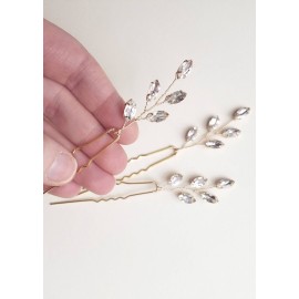 Kercisbeauty 3PCS Handmade Simple Crystal Leaf Leaves Hair Pins for Wedding Bridal Bridesmaids Flower Girls,Dancing Prom Party,Vintage Boho Hair Accessory(Silver)