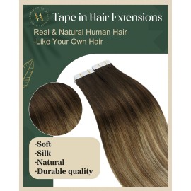 Ugeat Dark Brown Tape in Hair Extensions Human Hair 22 Inch Balayage Medium Brown Human Hair Tape in Extensions Light Blonde Silky and Smooth 20Pcs 50G