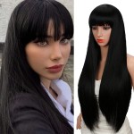 Kalyss 28 Inches Women\'s Silky Long Straight Black Wig Heat Resistant Synthetic Wig With Bangs Hair Wig for Women