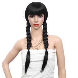 Kalyss 28 Inches Women\'s Silky Long Straight Black Wig Heat Resistant Synthetic Wig With Bangs Hair Wig for Women
